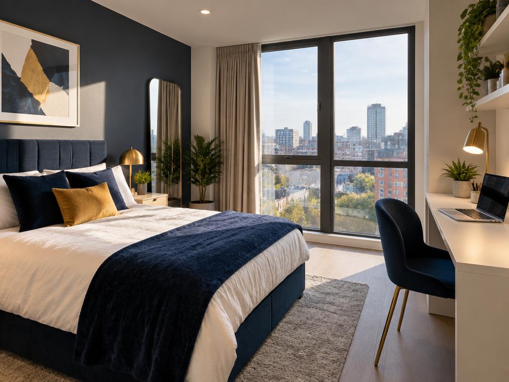 Bright modern student bedroom with city views